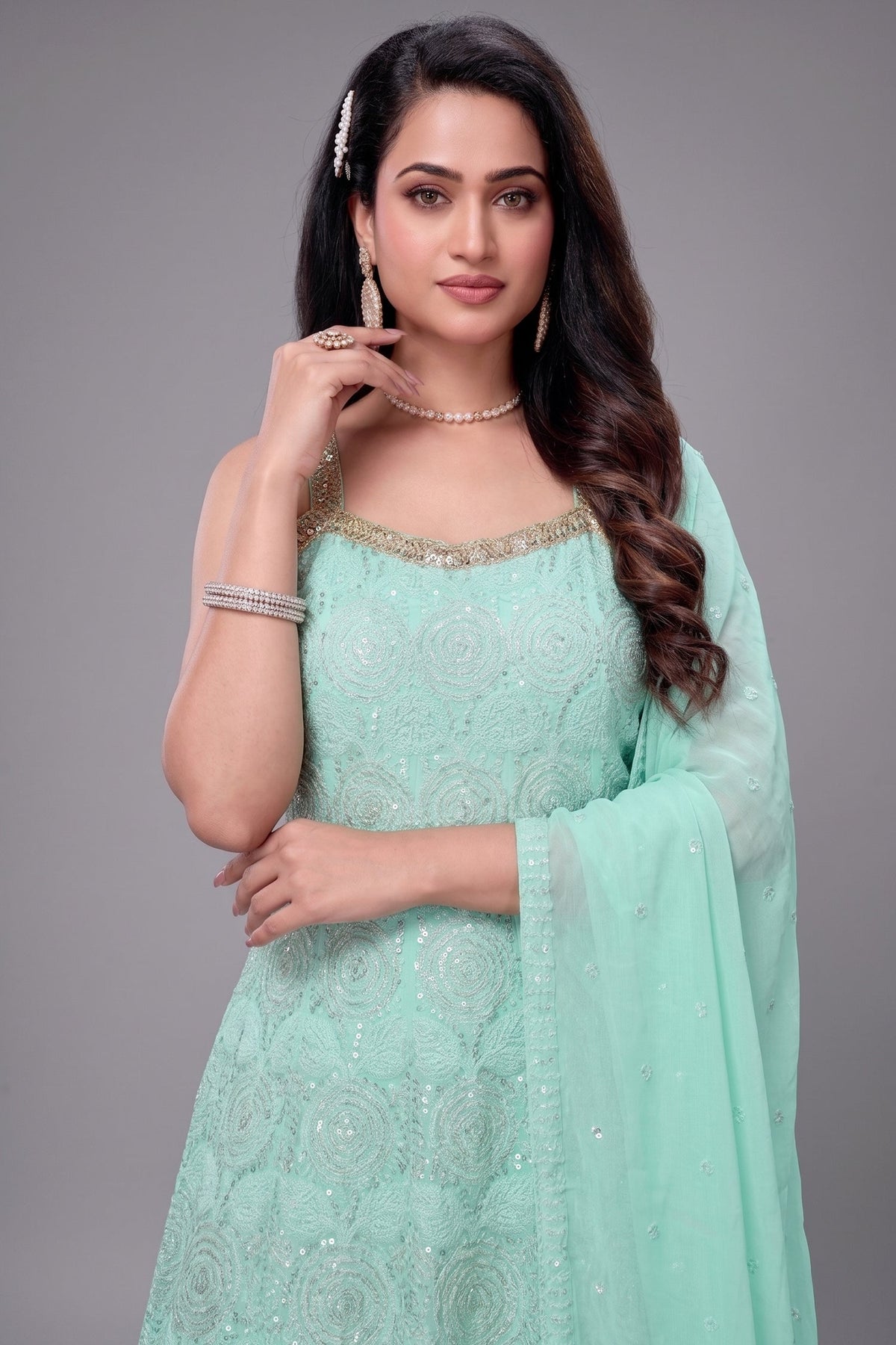 Firozi Georgette Floral Embroidery and Sequin Worked Anarkali Suit