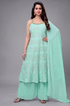 Firozi Georgette Floral Embroidery and Sequin Worked Anarkali Suit
