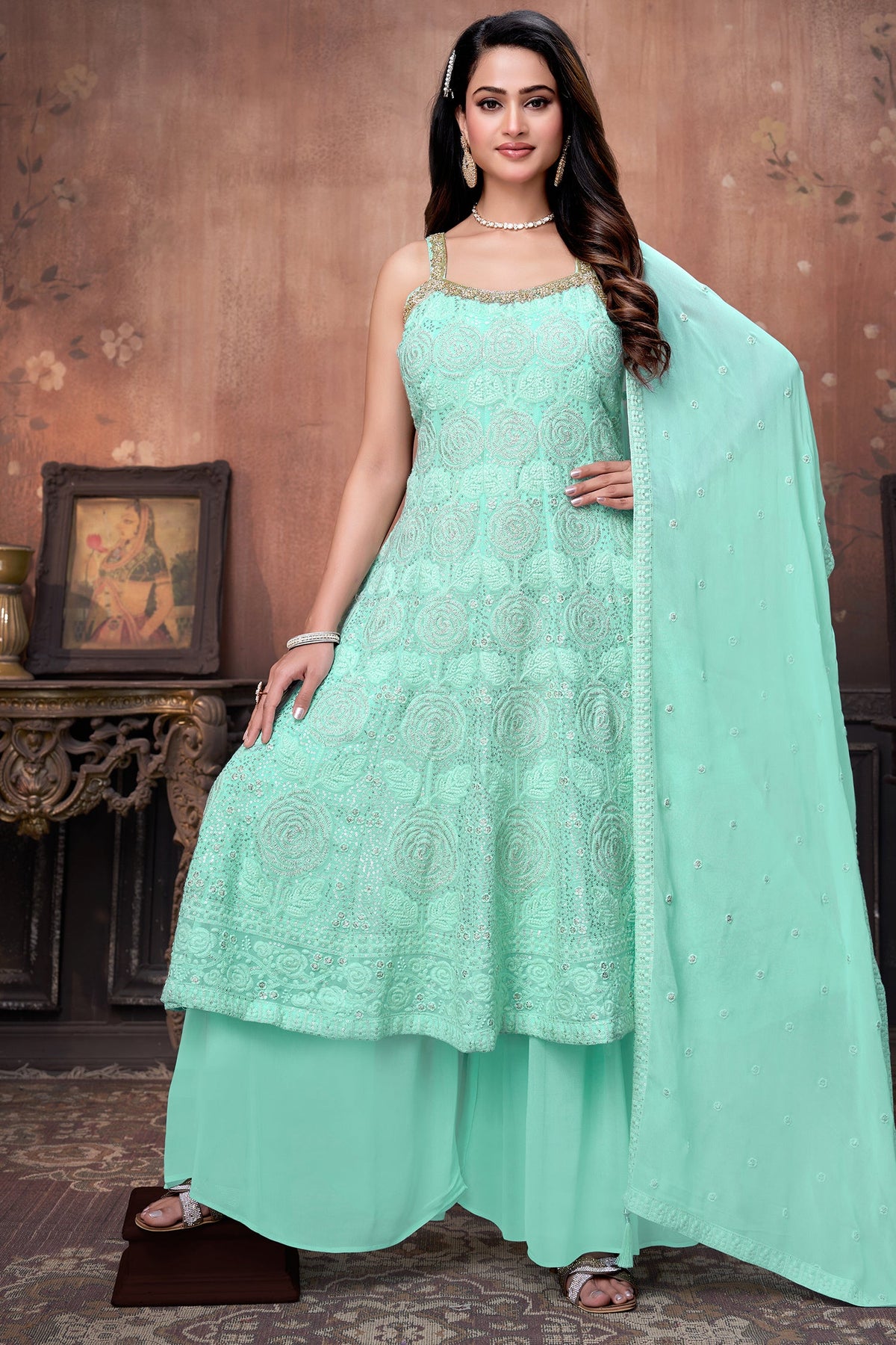 Firozi Georgette Floral Embroidery and Sequin Worked Anarkali Suit