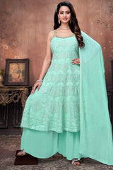 Firozi Georgette Floral Embroidery and Sequin Worked Anarkali Suit
