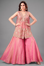 Pink Tissue Silk Beads and Cutdana Worked Peplum Palazzo Suit