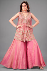 Pink Tissue Silk Beads and Cutdana Worked Peplum Palazzo Suit