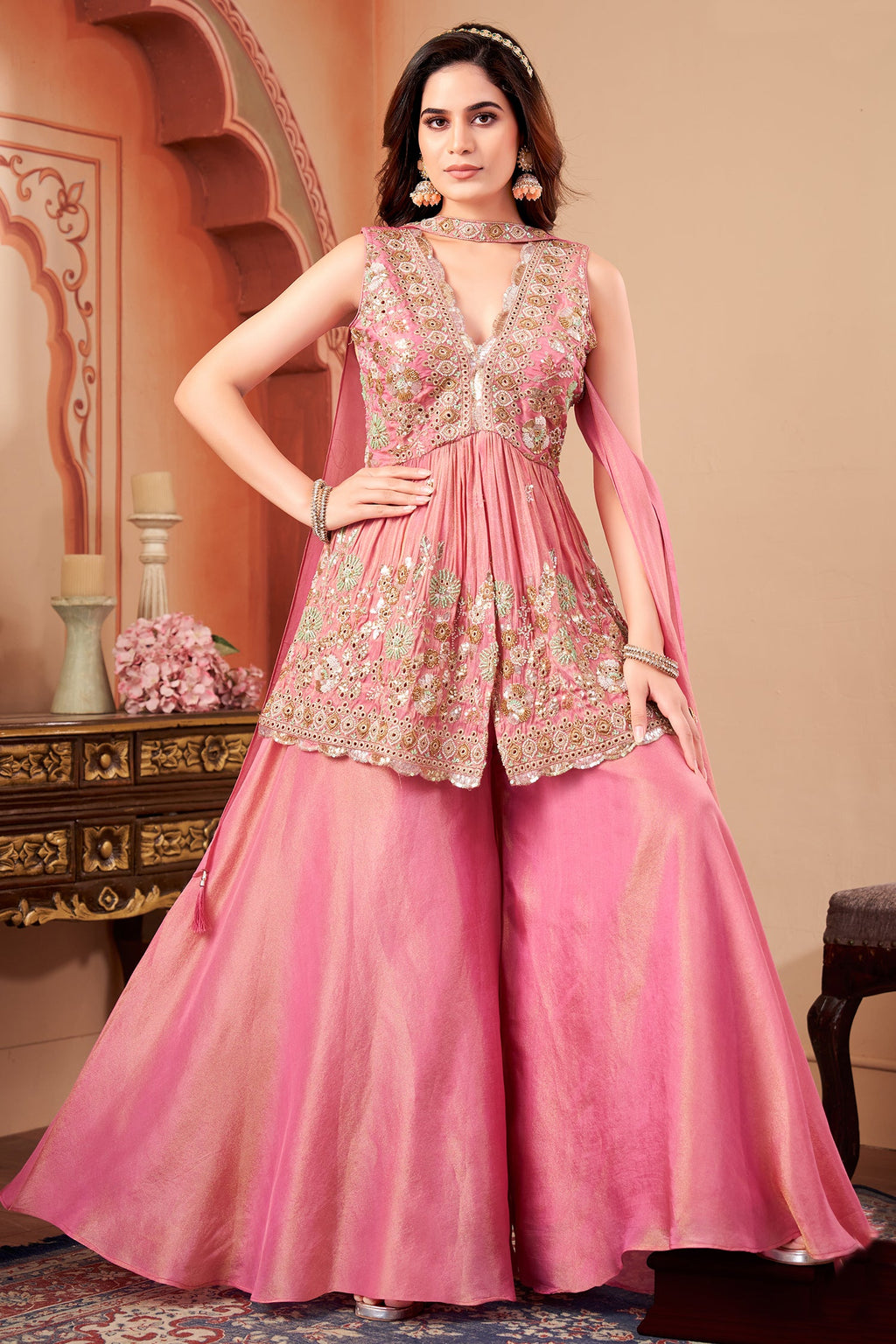Pink Tissue Silk Beads and Cutdana Worked Peplum Palazzo Suit