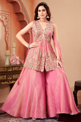Pink Tissue Silk Beads and Cutdana Worked Peplum Palazzo Suit