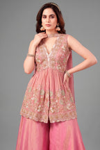 Pink Tissue Silk Beads and Cutdana Worked Peplum Palazzo Suit