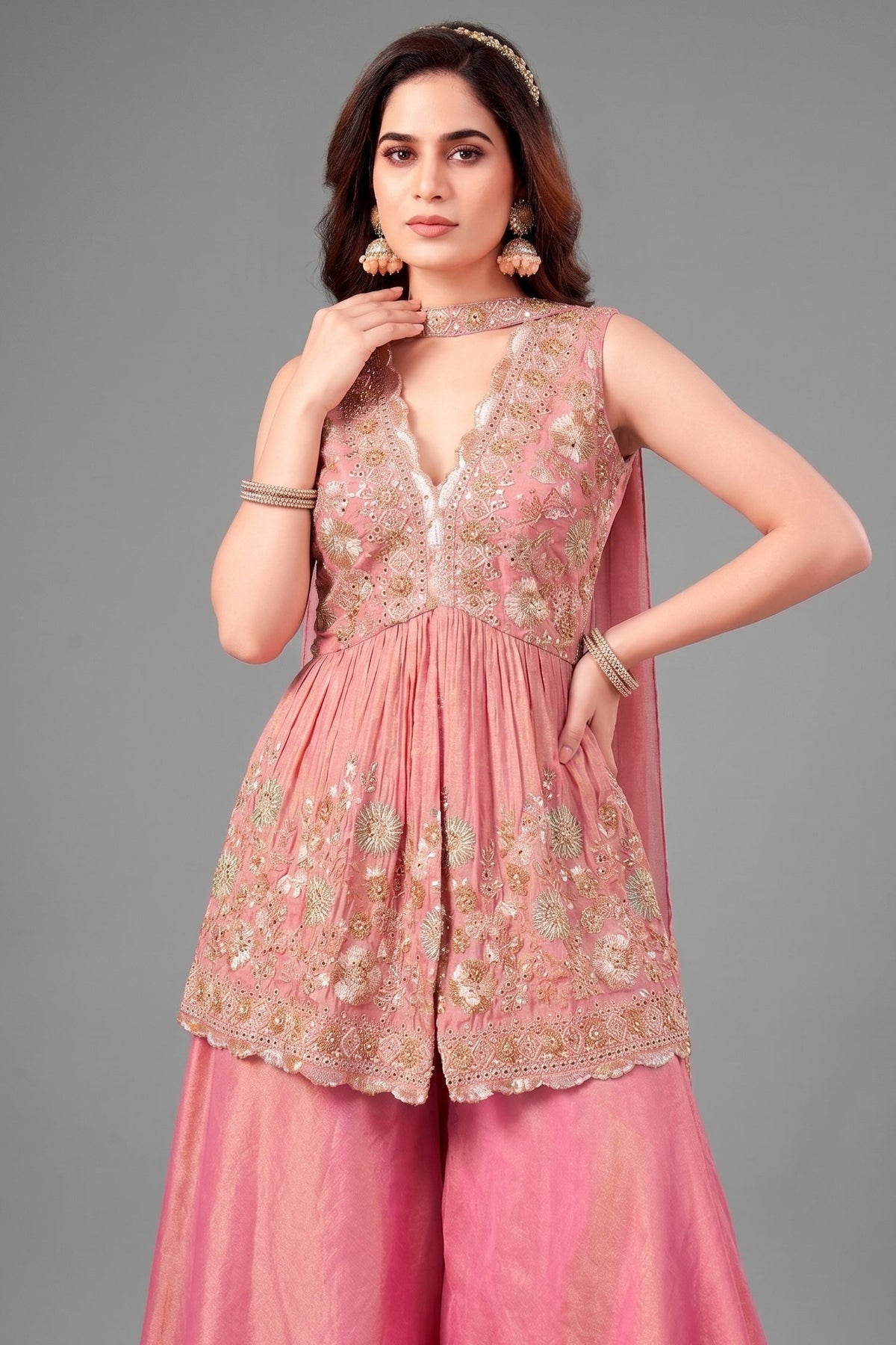 Pink Tissue Silk Beads and Cutdana Worked Peplum Palazzo Suit