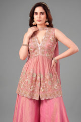 Pink Tissue Silk Beads and Cutdana Worked Peplum Palazzo Suit