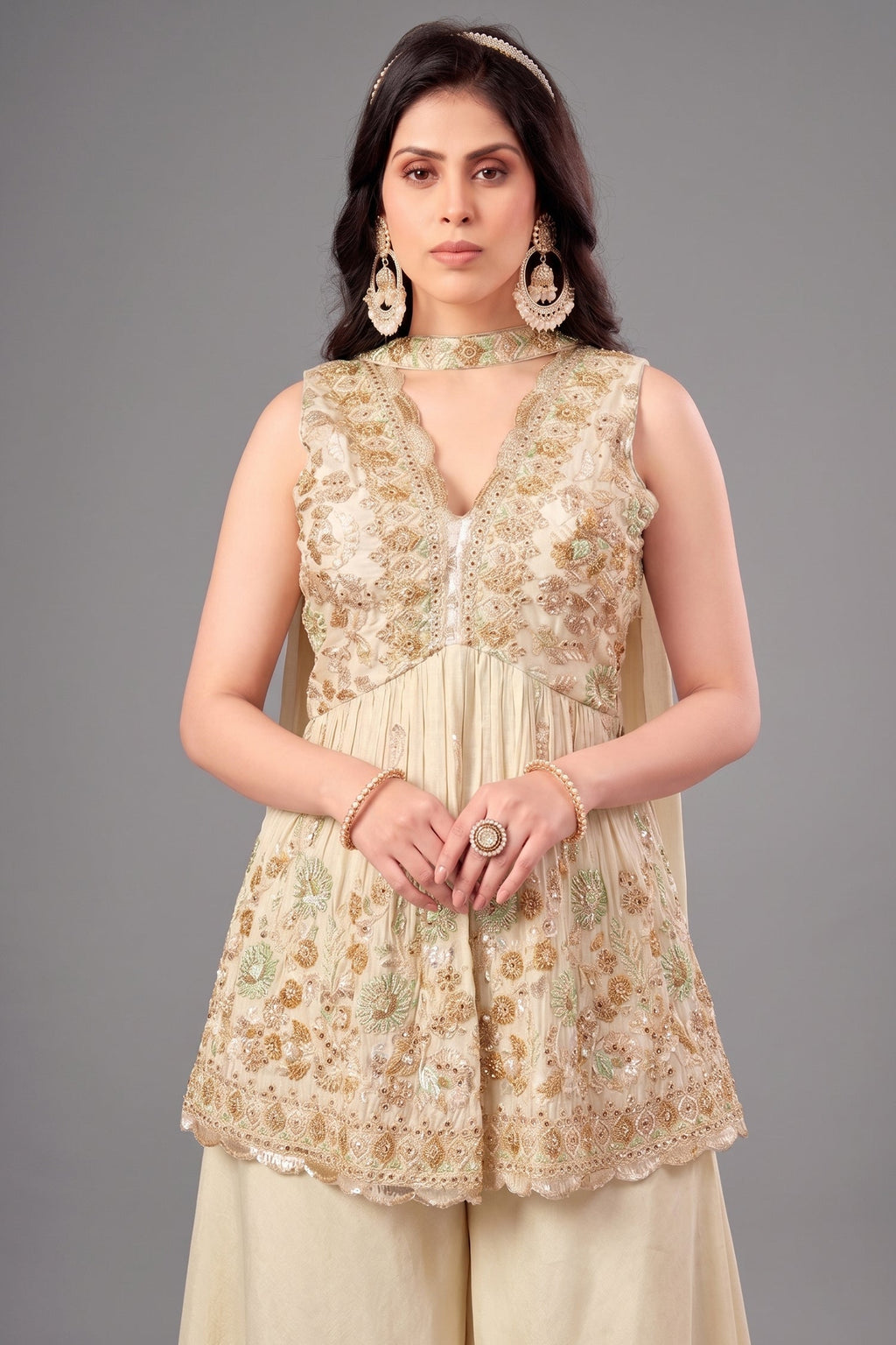 Cream Tissue Silk Beads and Cutdana Worked Peplum Palazzo Suit