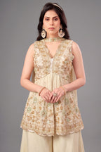Cream Tissue Silk Beads and Cutdana Worked Peplum Palazzo Suit