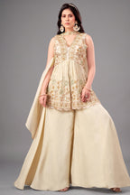 Cream Tissue Silk Beads and Cutdana Worked Peplum Palazzo Suit