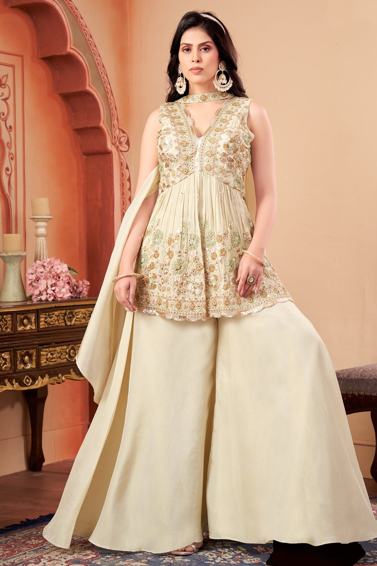 Cream Tissue Silk Beads and Cutdana Worked Peplum Palazzo Suit