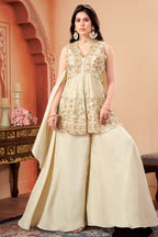 Cream Tissue Silk Beads and Cutdana Worked Peplum Palazzo Suit