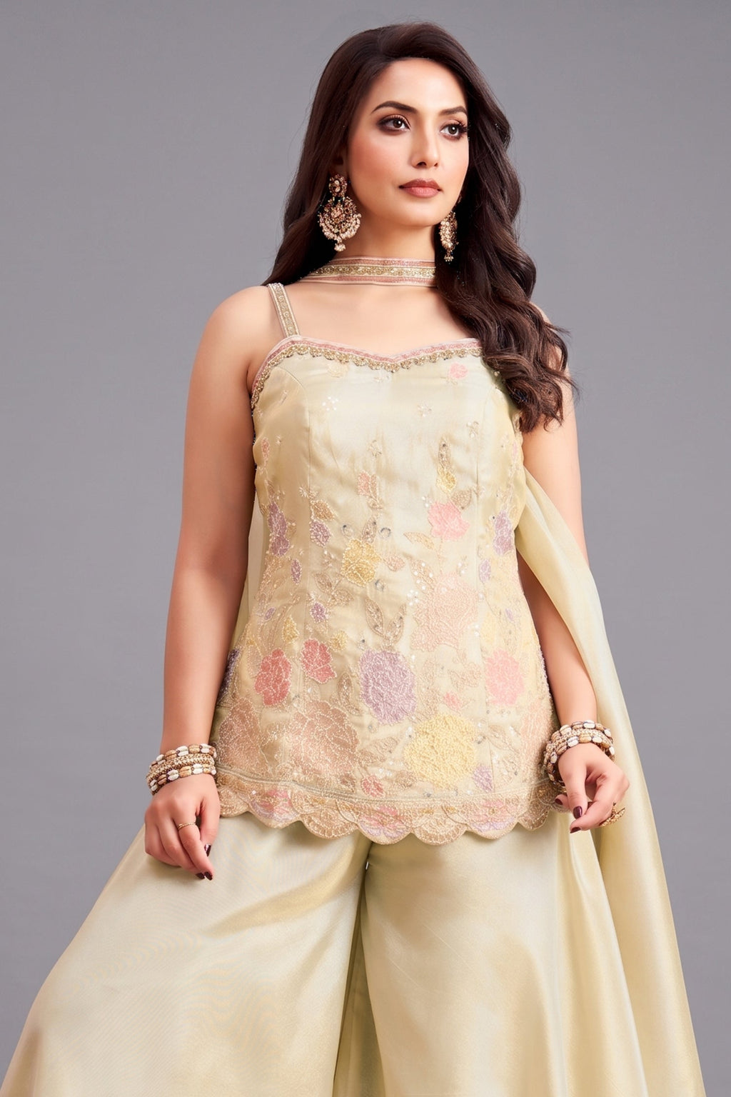Cream Crepe Silk Beaded Floral Worked Palazzo Suit