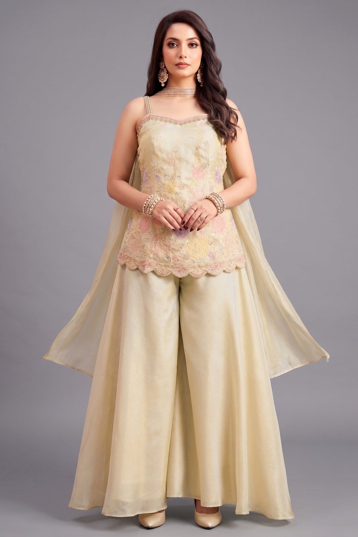 Cream Crepe Silk Beaded Floral Worked Palazzo Suit