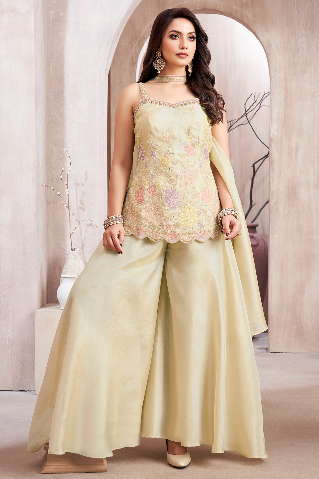 Cream Crepe Silk Beaded Floral Worked Palazzo Suit