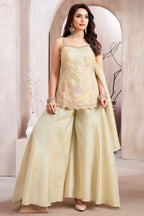 Cream Crepe Silk Beaded Floral Worked Palazzo Suit