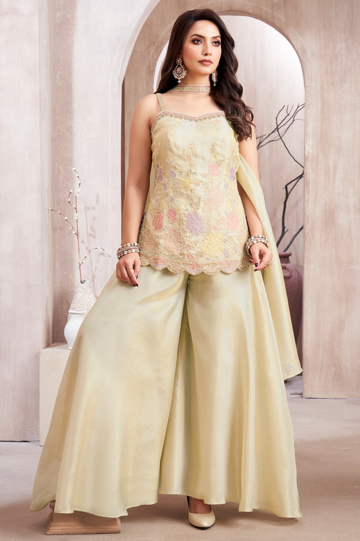 Cream Crepe Silk Beaded Floral Worked Palazzo Suit