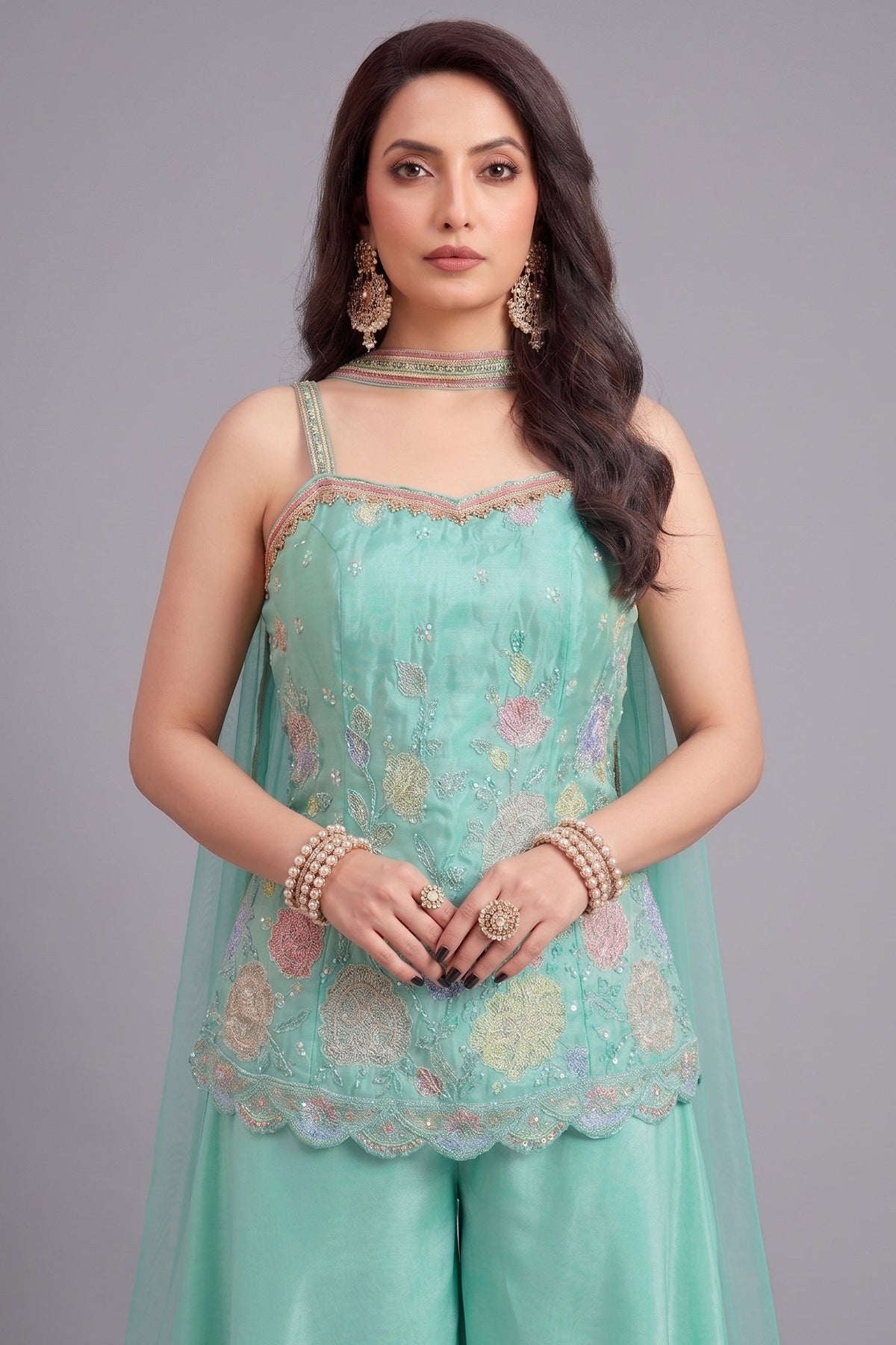 Firozi Crepe Silk Beaded Floral Worked Palazzo Suit