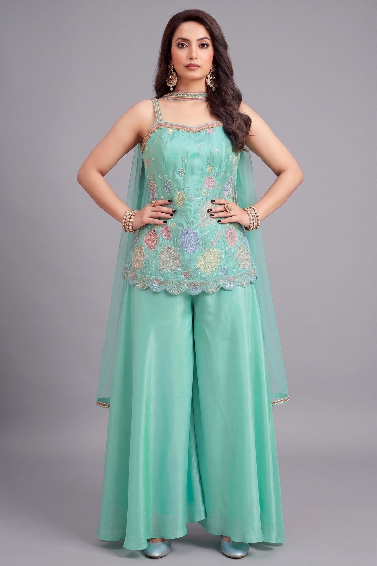 Firozi Crepe Silk Beaded Floral Worked Palazzo Suit