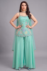 Firozi Crepe Silk Beaded Floral Worked Palazzo Suit