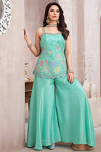 Firozi Crepe Silk Beaded Floral Worked Palazzo Suit