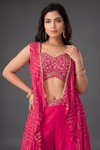 Pink Chinon Silk Crop Top Palazzo Set with Jacket