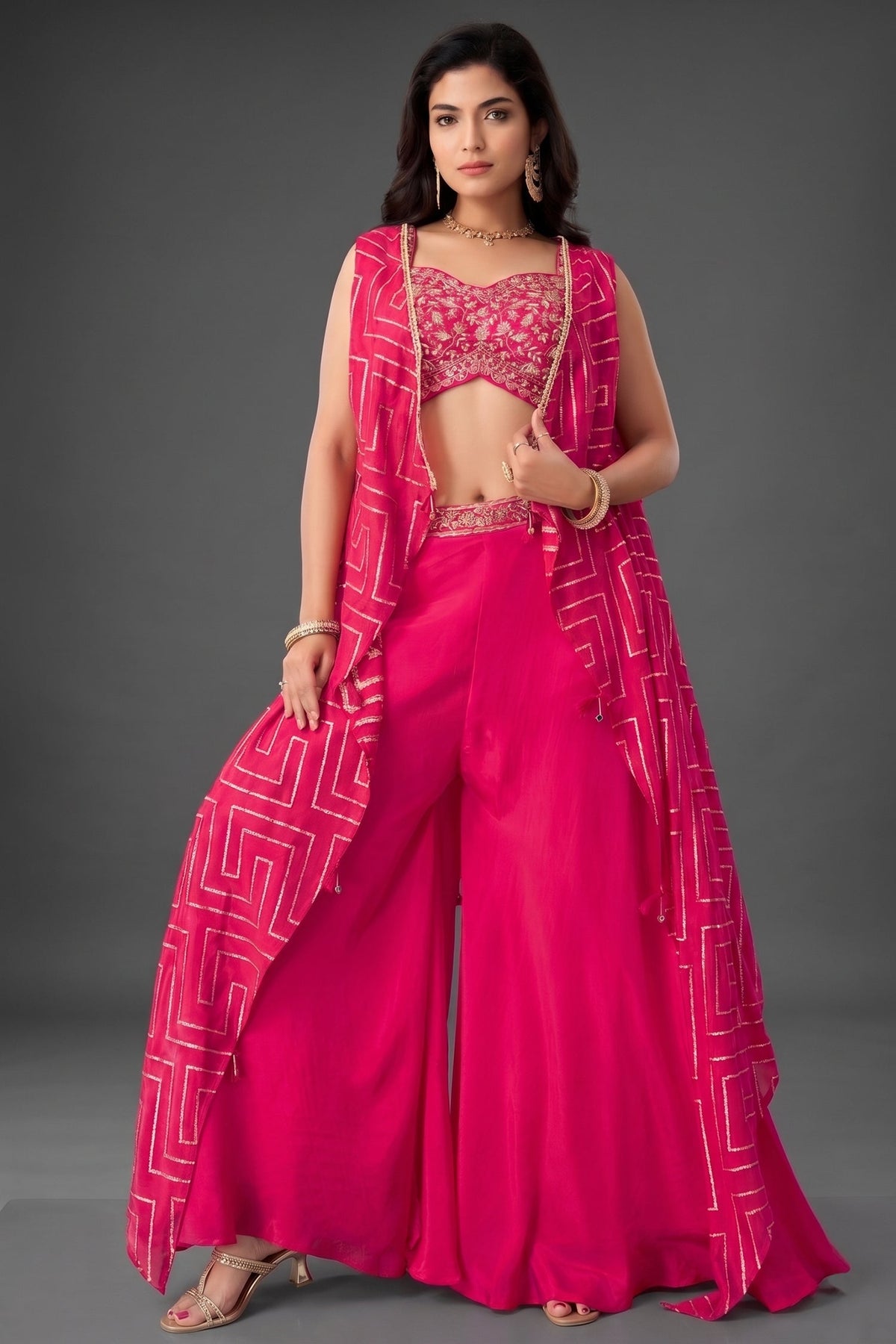 Pink Chinon Silk Crop Top Palazzo Set with Jacket