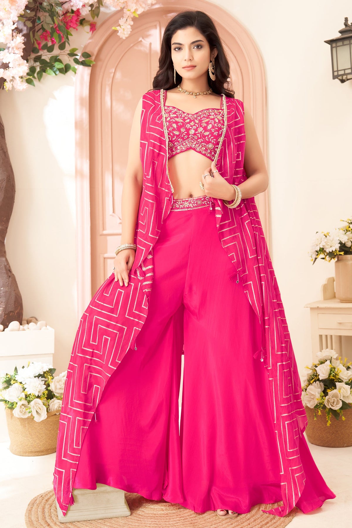 Pink Chinon Silk Crop Top Palazzo Set with Jacket