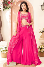 Pink Chinon Silk Crop Top Palazzo Set with Jacket