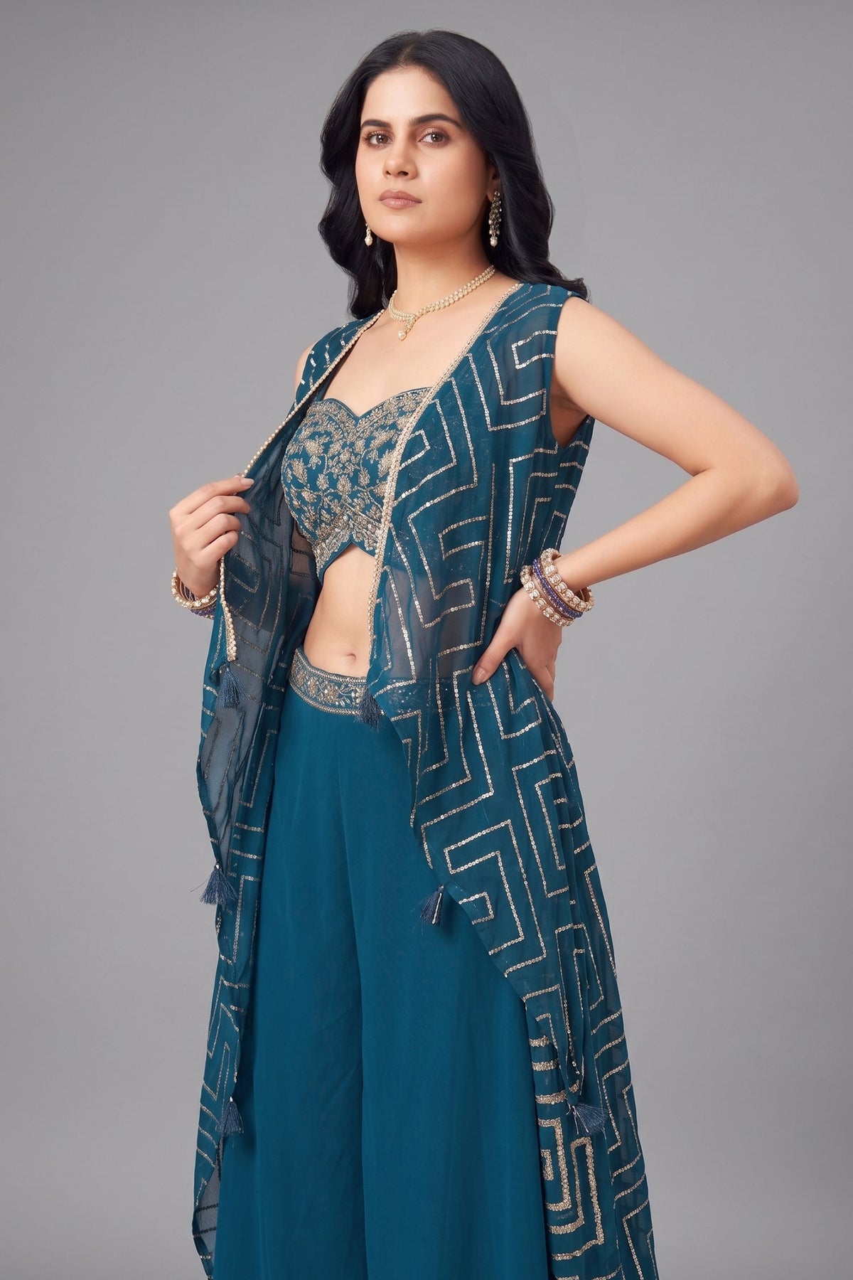 Rama Blue Chinon Silk Crop Top Palazzo Set with Jacket
