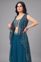Rama Blue Chinon Silk Crop Top Palazzo Set with Jacket