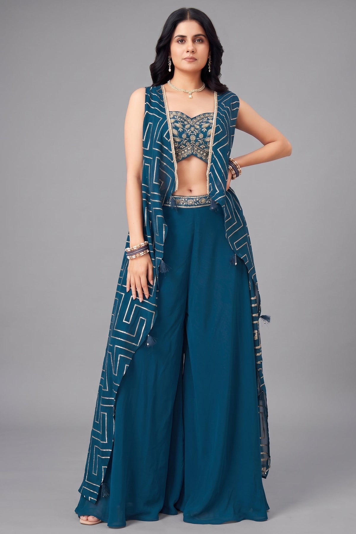 Rama Blue Chinon Silk Crop Top Palazzo Set with Jacket