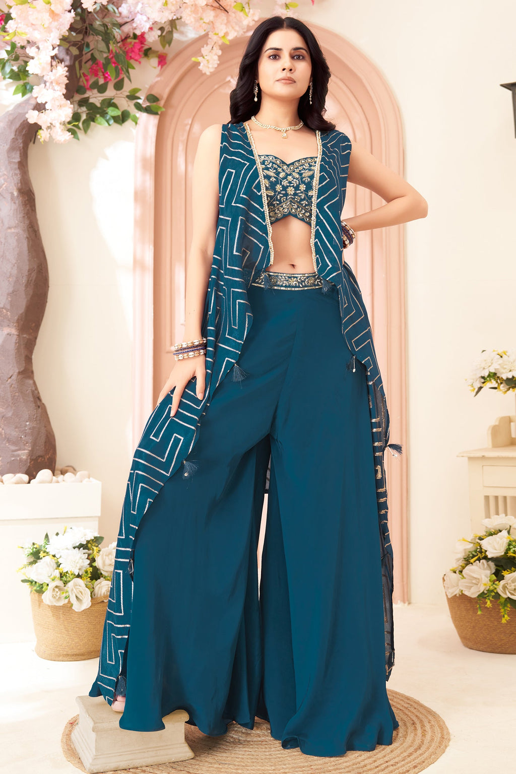 Rama Blue Chinon Silk Crop Top Palazzo Set with Jacket