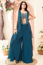 Rama Blue Chinon Silk Crop Top Palazzo Set with Jacket