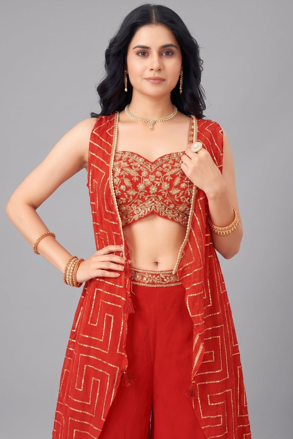 Orange Chinon Silk Crop Top Palazzo Set with Jacket