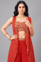 Orange Chinon Silk Crop Top Palazzo Set with Jacket