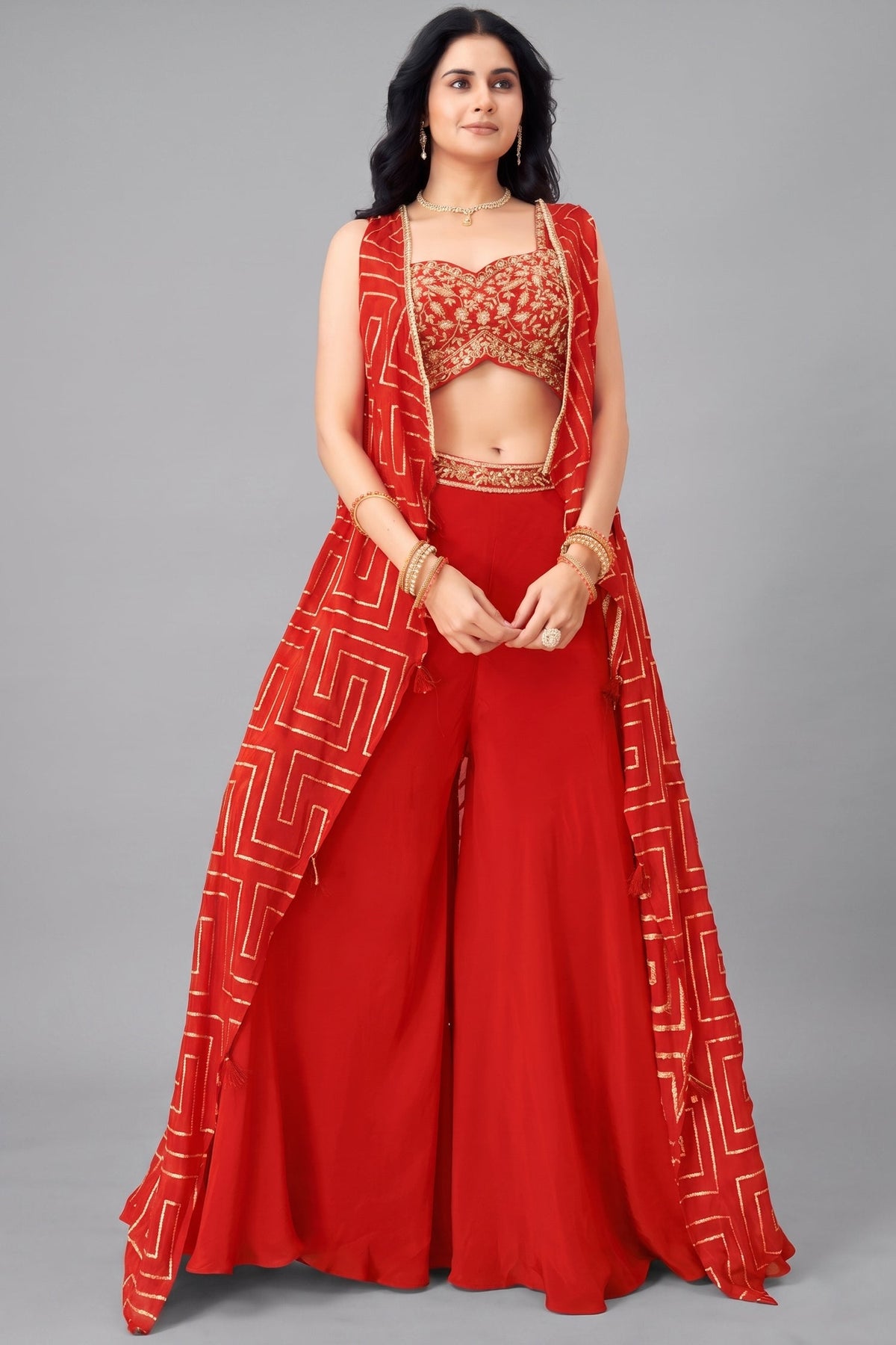 Orange Chinon Silk Crop Top Palazzo Set with Jacket