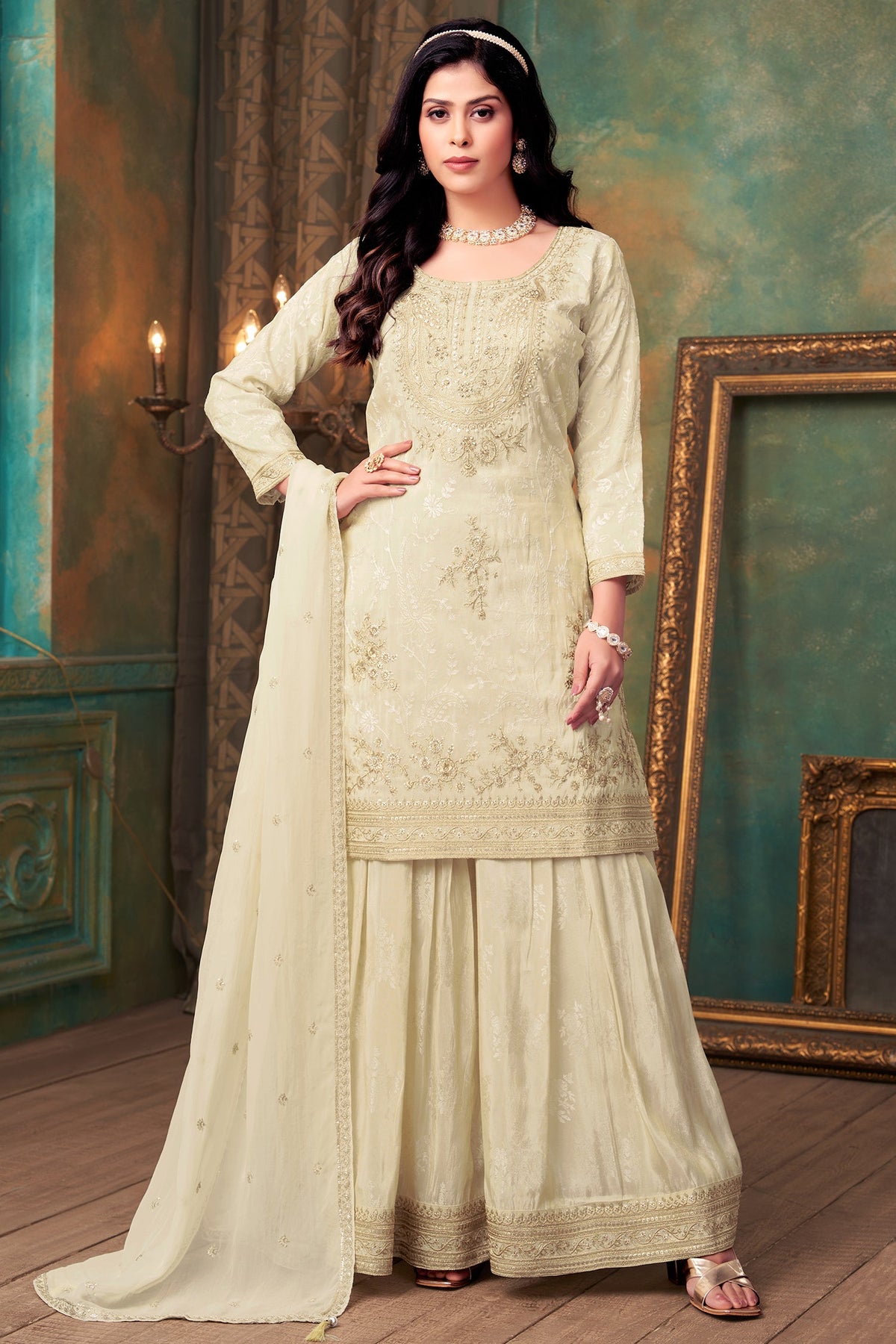 Cream Crepe Silk Sequin Embroidered Sharara Suit