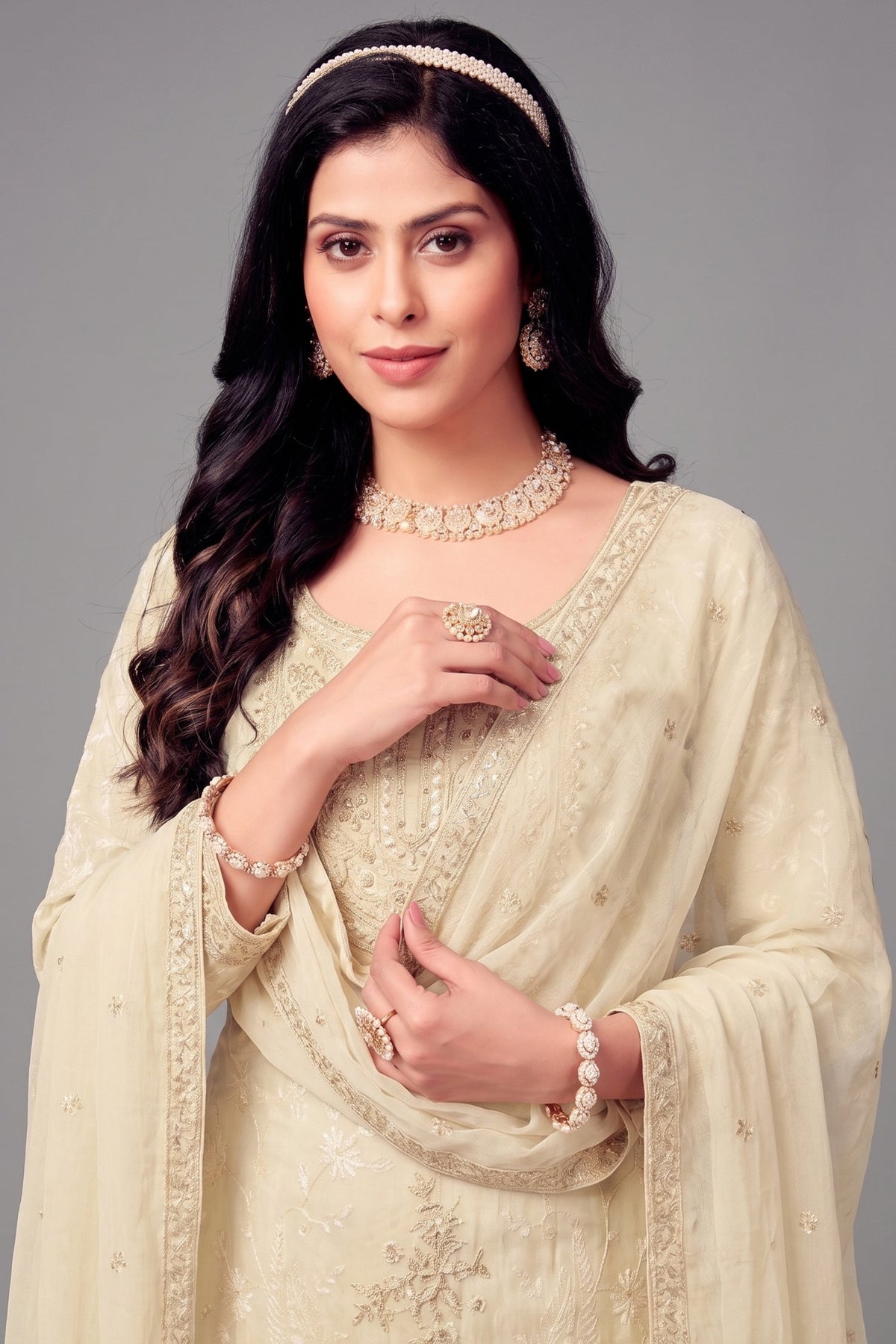 Cream Crepe Silk Sequin Embroidered Sharara Suit