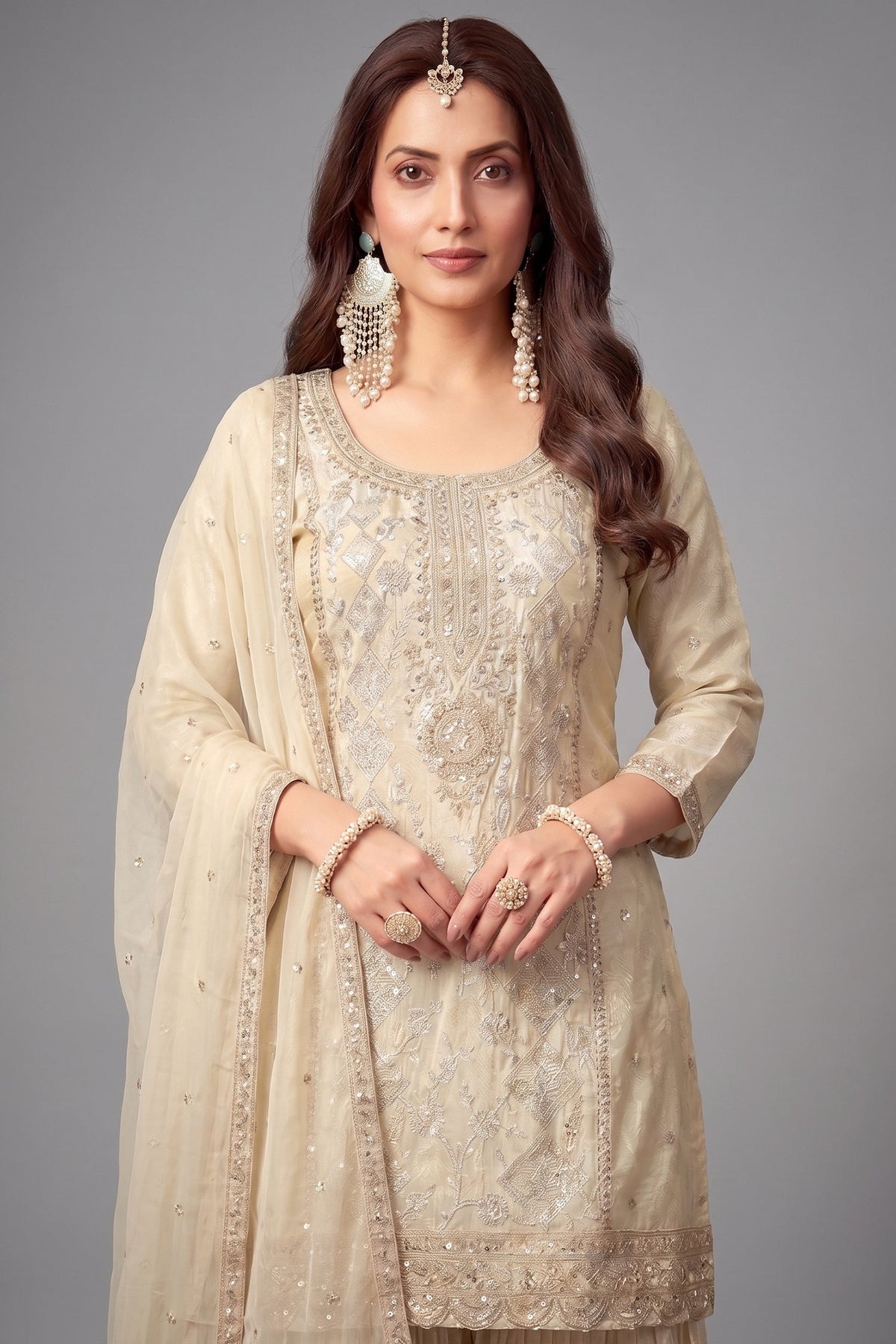 Cream Crepe Silk Sequin Embroidered Sharara Suit