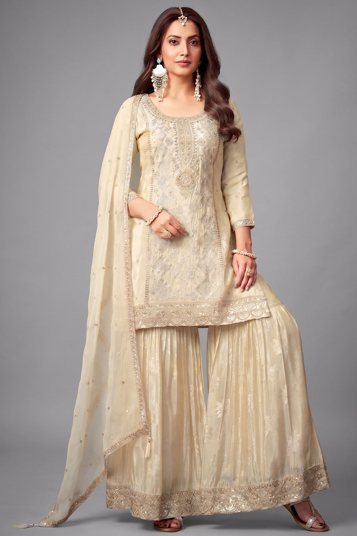 Cream Crepe Silk Sequin Embroidered Sharara Suit
