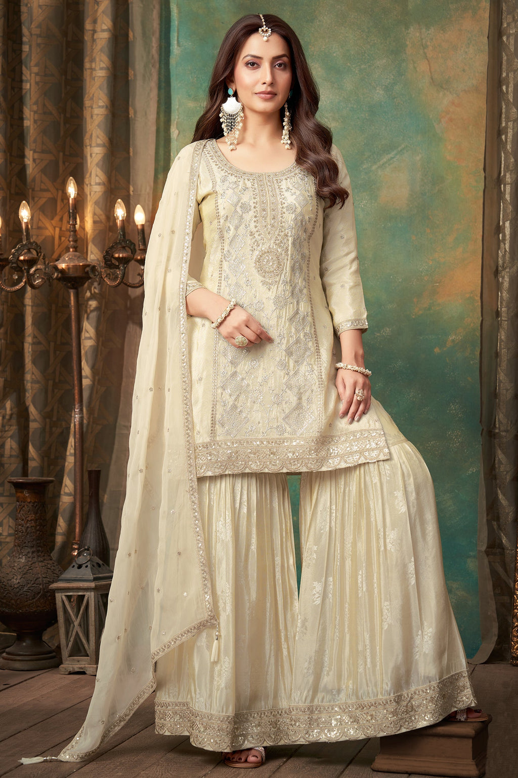 Cream Crepe Silk Sequin Embroidered Sharara Suit