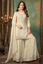 Cream Crepe Silk Sequin Embroidered Sharara Suit