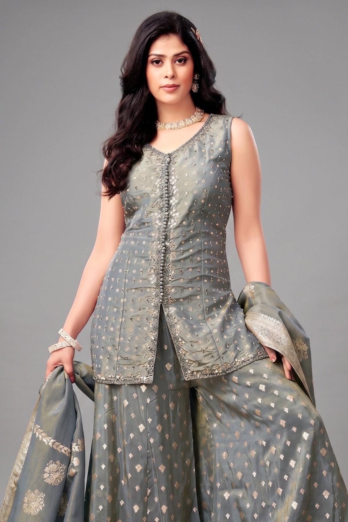 Grey Tissue Silk Mirror Worked Palazzo Suit