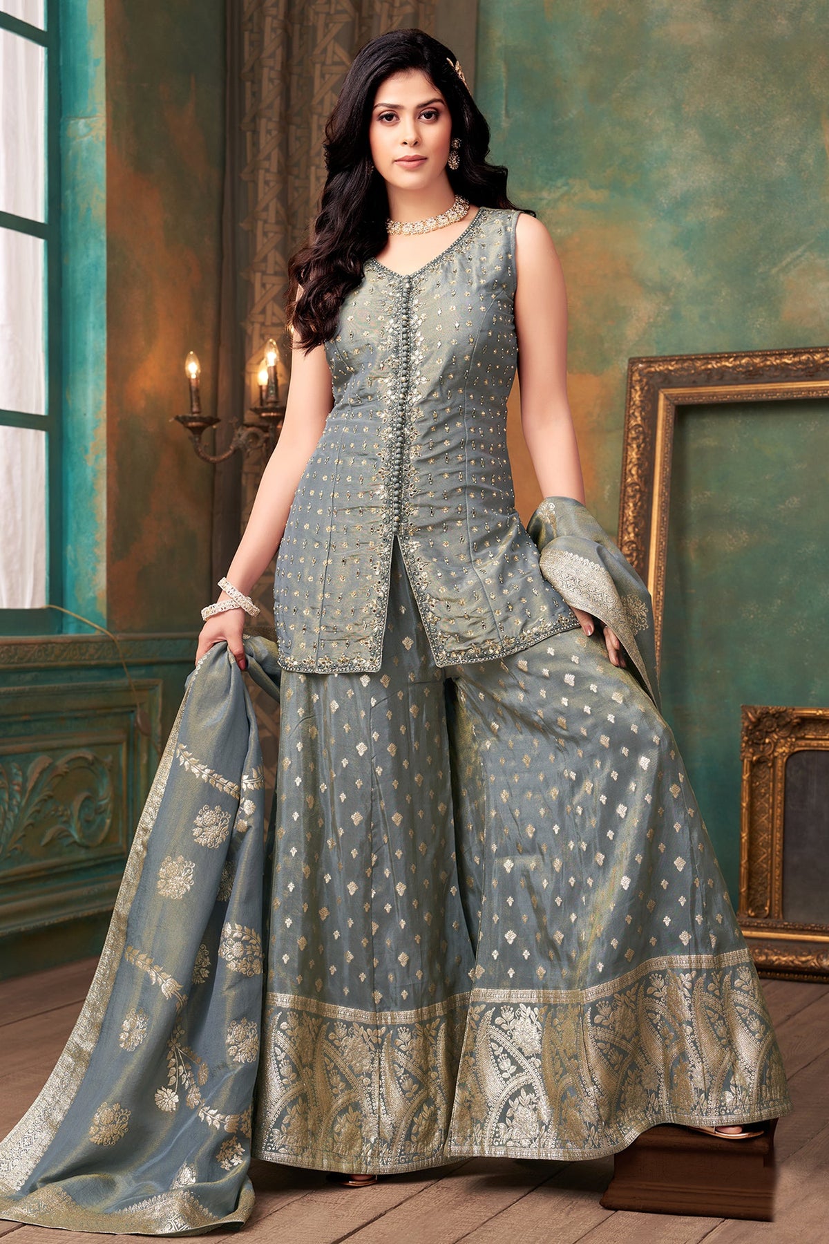 Grey Tissue Silk Mirror Worked Palazzo Suit