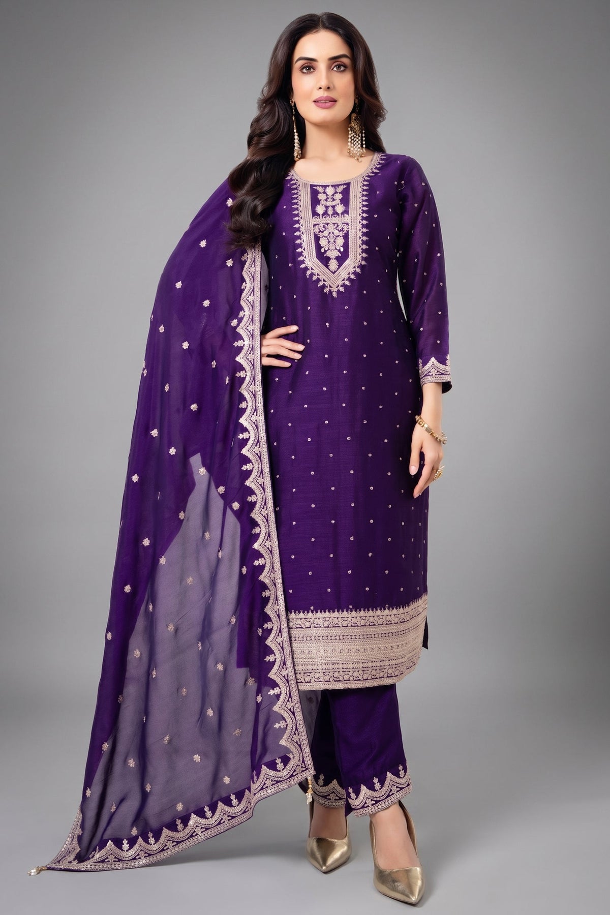Purple Art Silk Straight Cut Suit with Sequin and Embroidery Work