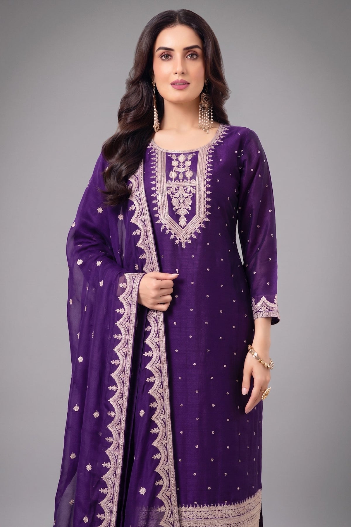 Purple Art Silk Straight Cut Suit with Sequin and Embroidery Work