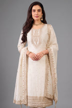 Pearl White Art Silk Straight Cut Suit with Sequin and Embroidery Work