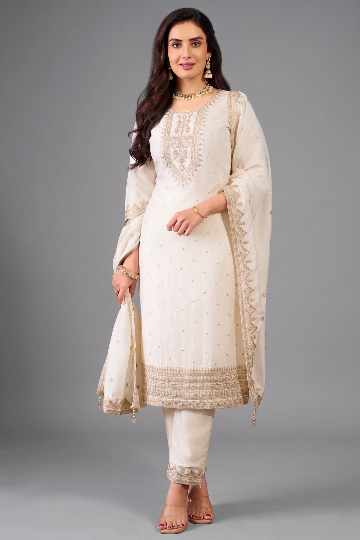Pearl White Art Silk Straight Cut Suit with Sequin and Embroidery Work