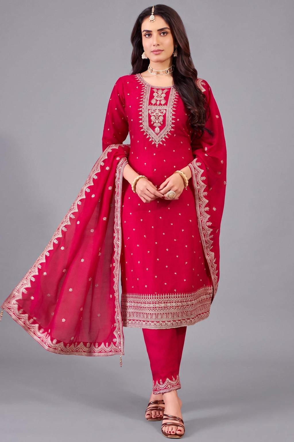 Rani Pink Art Silk Straight Cut Suit with Sequin and Embroidery Work